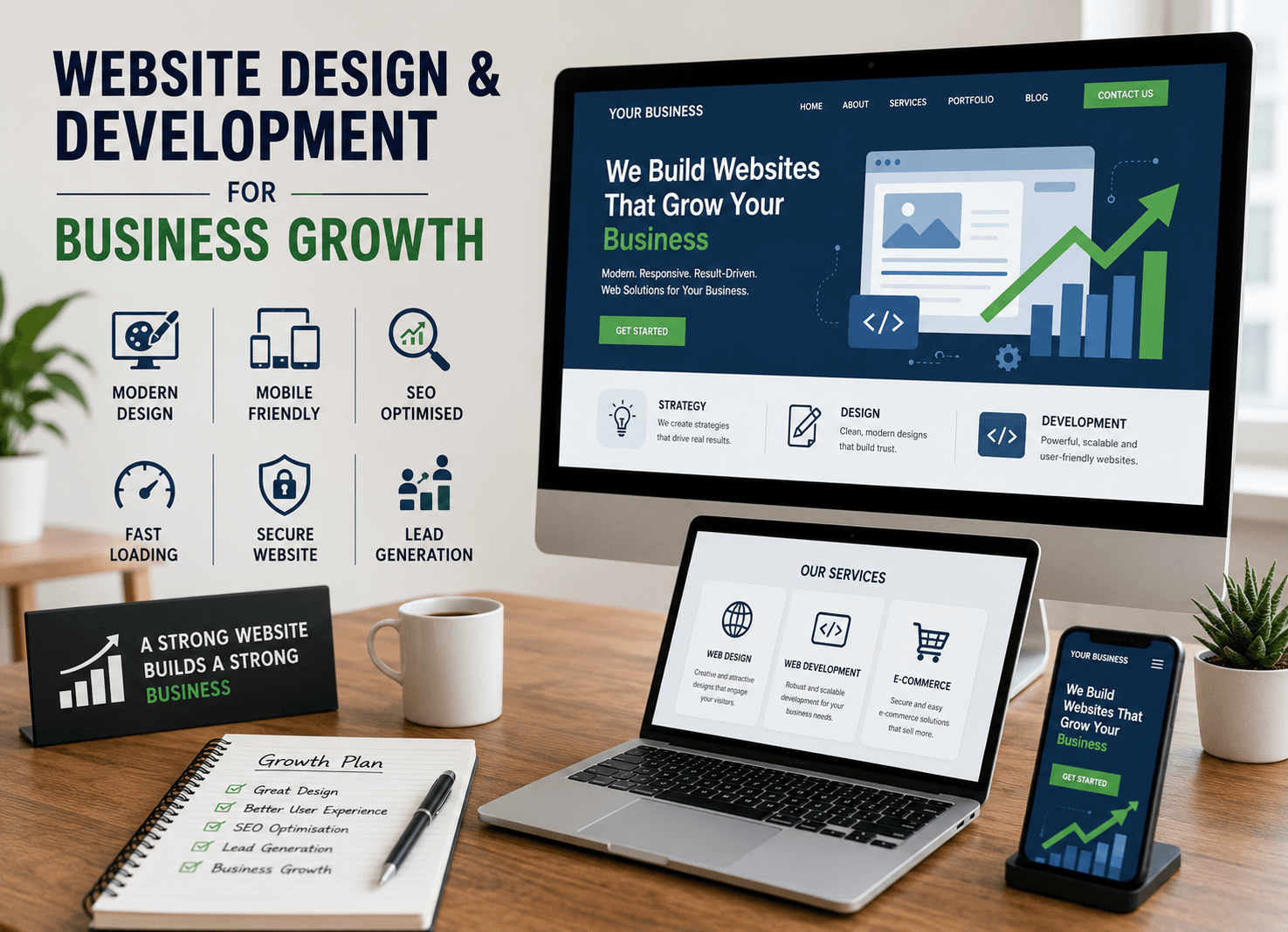 Website design and development workspace showing responsive website layouts on desktop, laptop and mobile devices with SEO, lead generation, mobile-friendly design, website security and business growth elements.