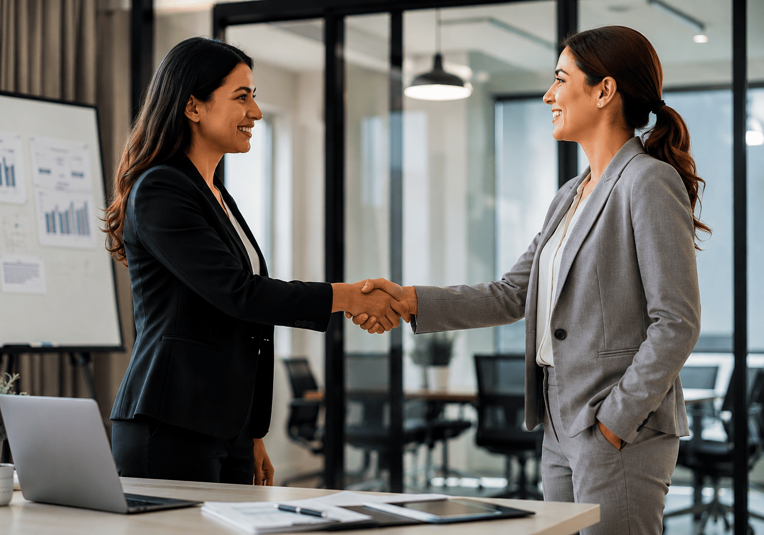 Two female business leaders shaking hands in a modern office after a successful B2B partnership meeting, symbolising professional collaboration, client acquisition, and business growth.