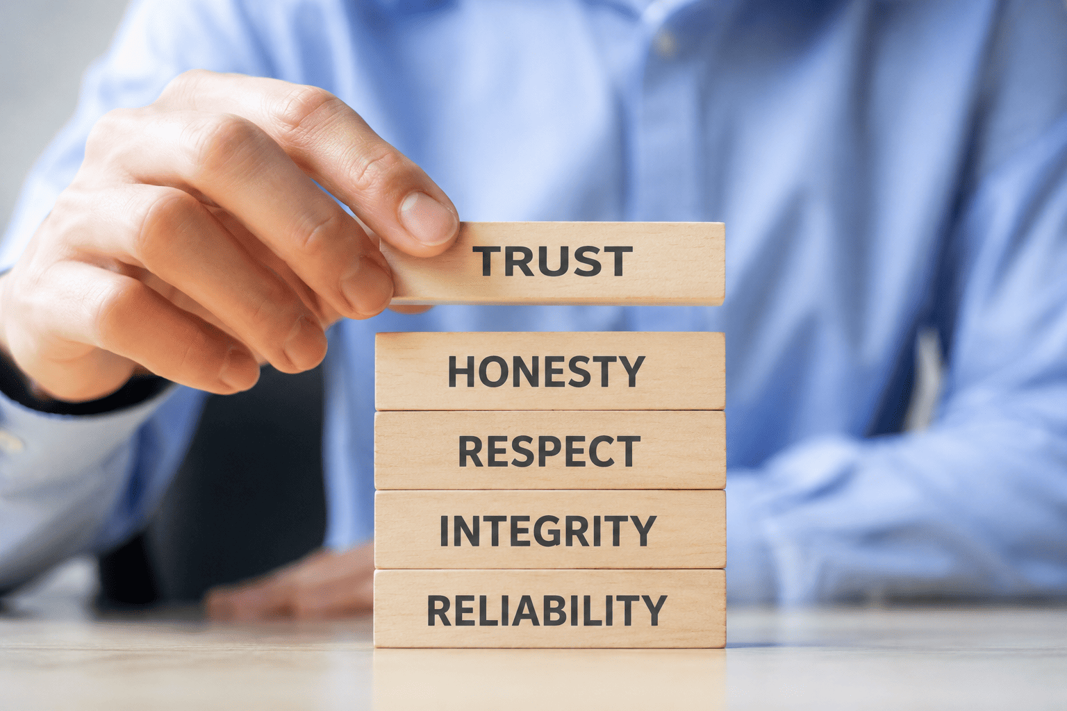 Person placing a trust block on top of honesty, respect, integrity, and reliability blocks to represent building customer trust online before generating leads.