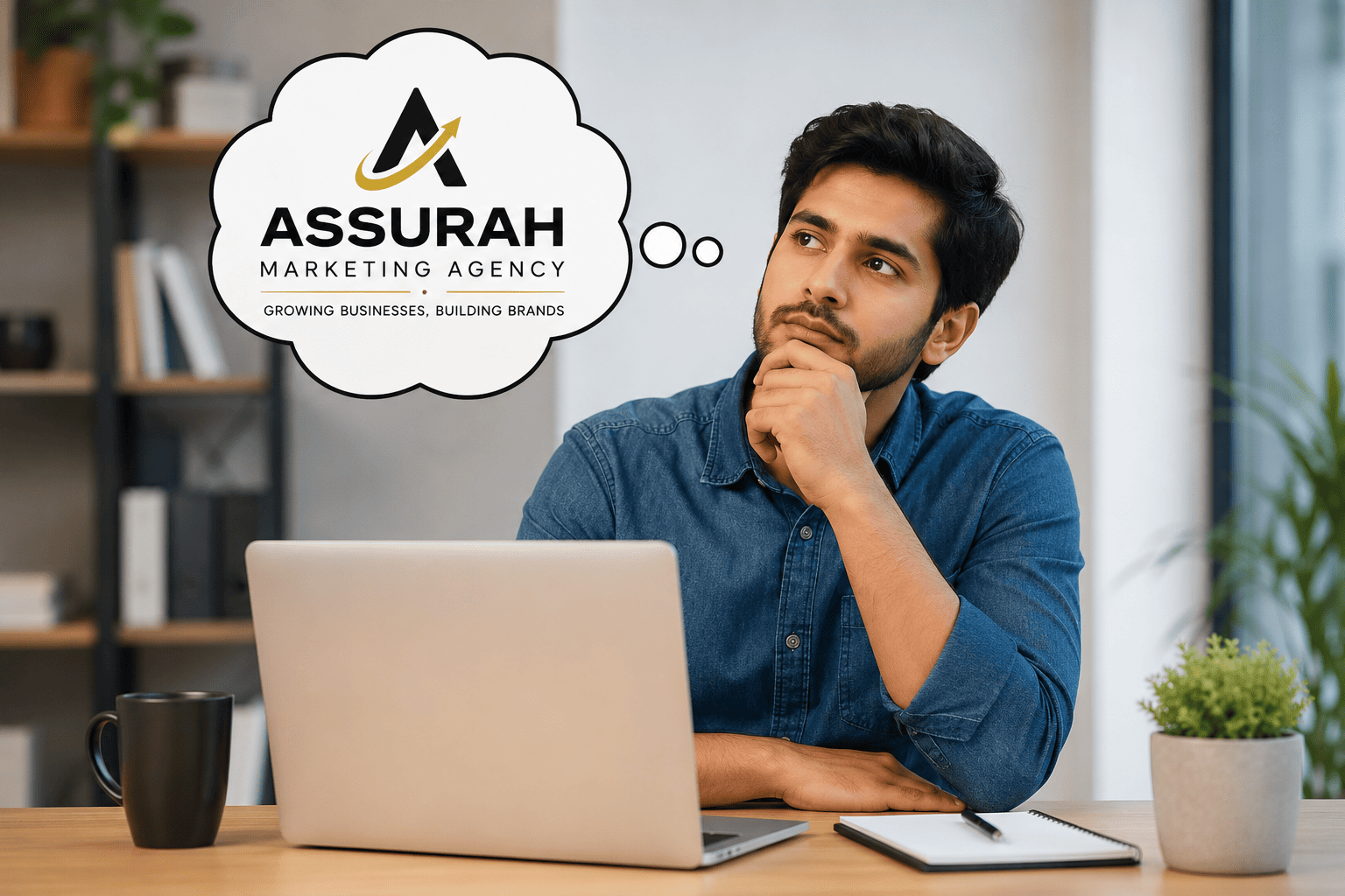 Business client sitting at a desk and thinking about Assurah Marketing Agency while planning marketing and business growth strategies on a laptop.