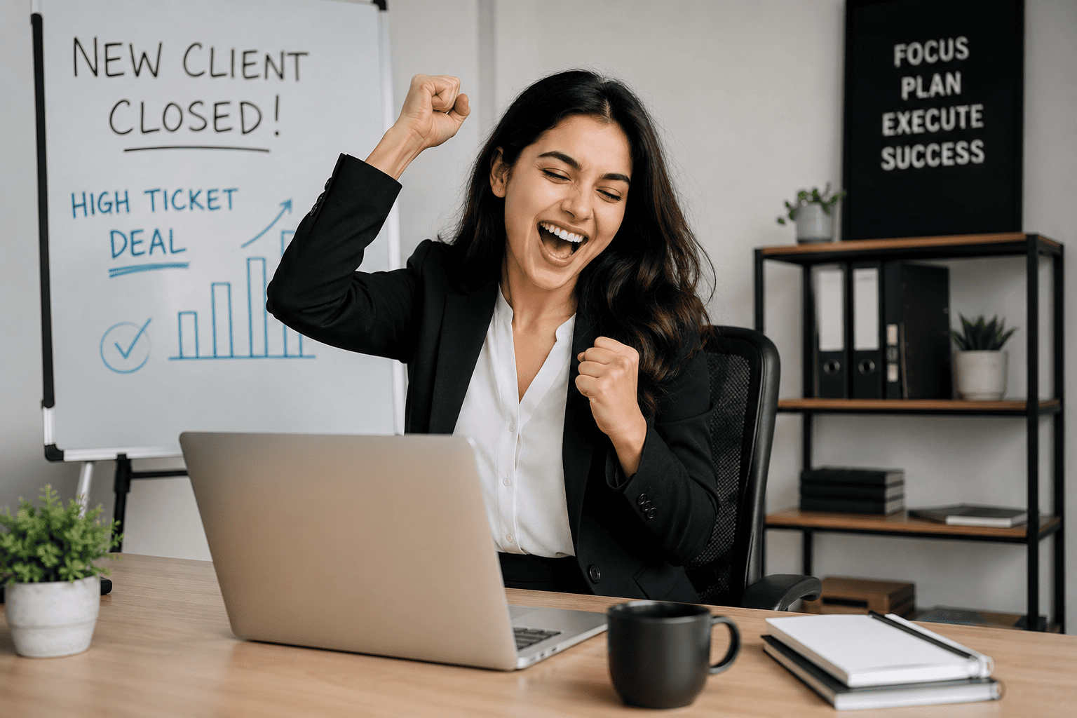 Businesswoman celebrating after successfully closing a high-ticket client deal through effective lead generation and sales strategy.
