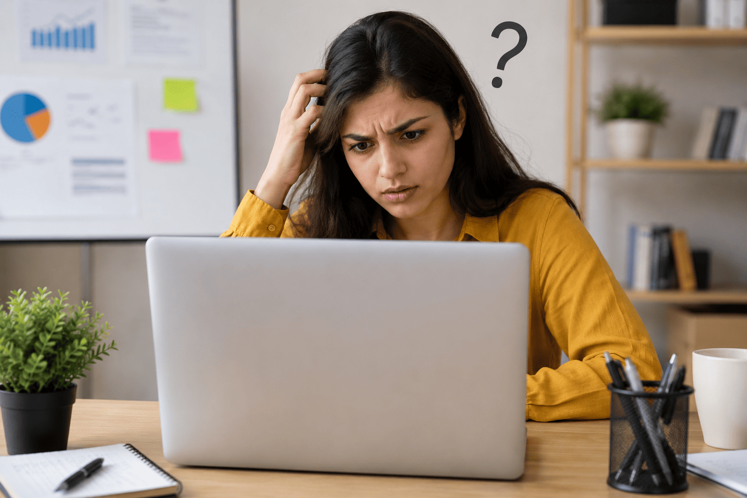 Businesswoman looking confused while analysing website and marketing performance data on a laptop dashboard.
