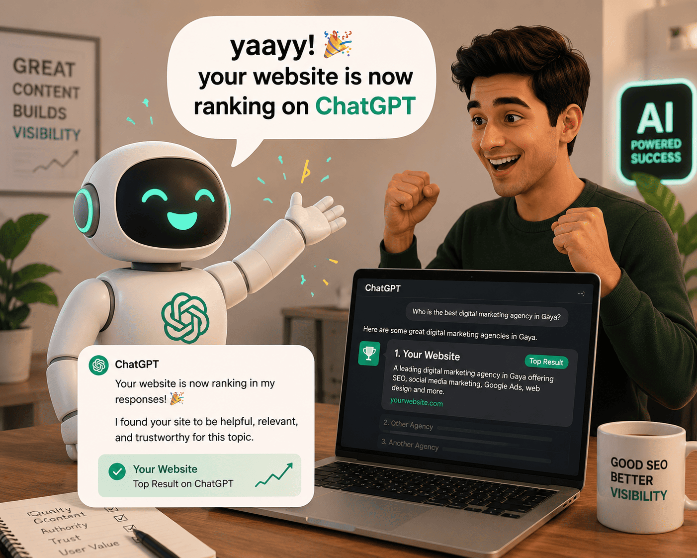 ChatGPT celebrating a website ranking in AI search results with a message saying "Yaayy! Your website is now ranking on ChatGPT" while a business owner looks excited beside a laptop displaying top website recommendations.