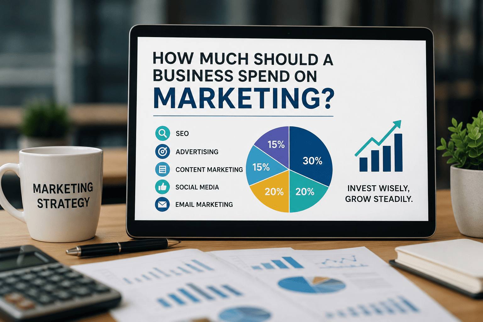 Laptop displaying a marketing budget presentation with charts, SEO, advertising, content marketing, social media, and email marketing allocation for business growth.