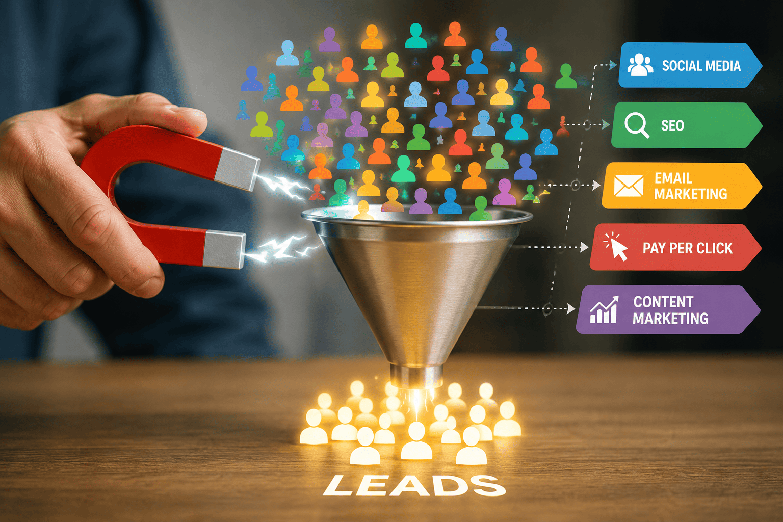 Service business lead generation funnel showing multiple marketing channels attracting and converting leads into customers.
