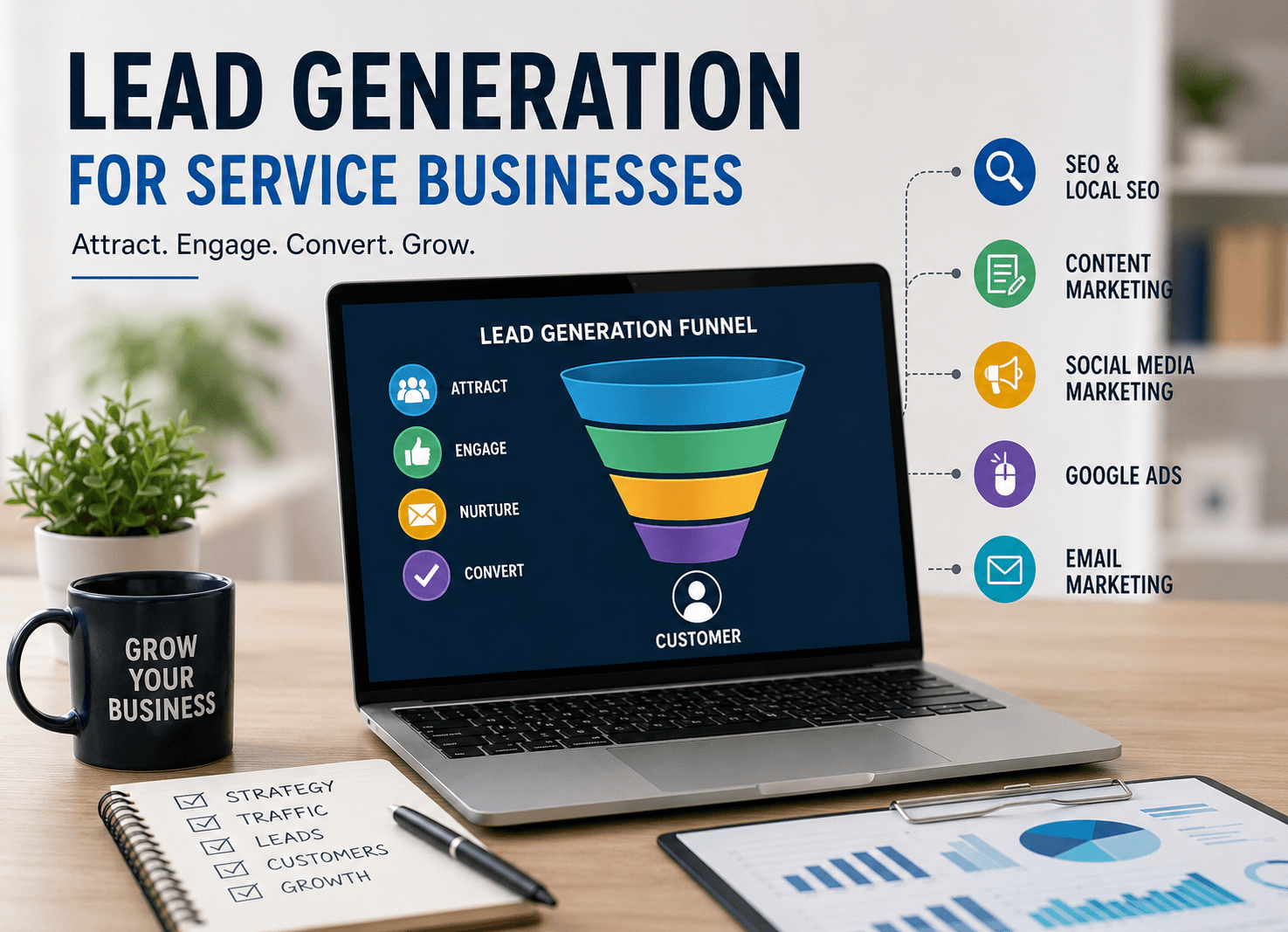 Lead generation blueprint for service businesses showing SEO, content marketing, Google Ads, social media marketing, website optimisation and customer acquisition strategies on a modern business workspace.
