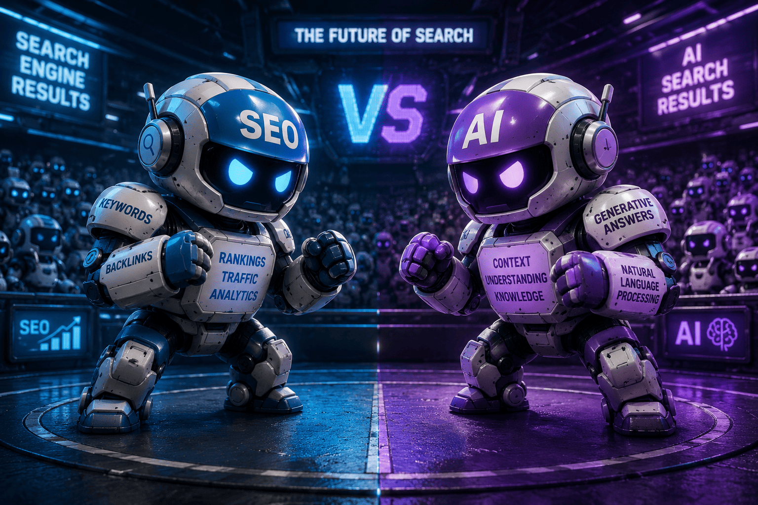 SEO vs AI Search robots competing in a futuristic arena, illustrating the difference between traditional search engine optimisation and AI-powered search visibility in 2026.