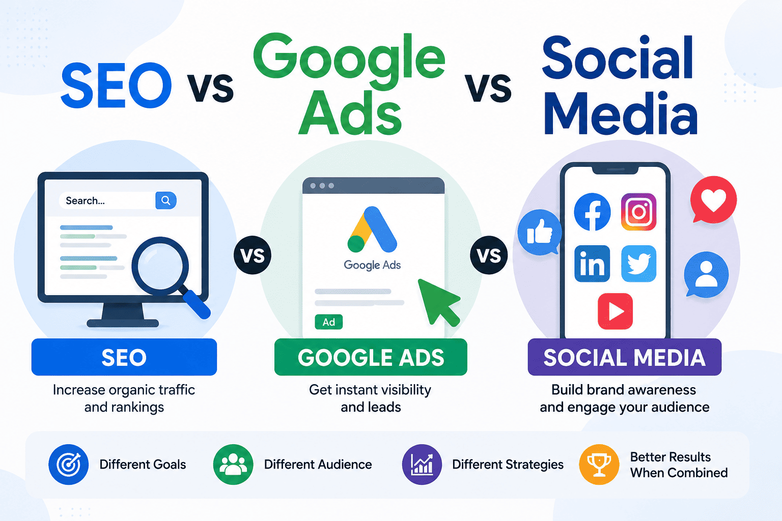 SEO vs Google Ads vs Social Media Marketing comparison showing the differences between organic search, paid advertising, and social media promotion for business growth and lead generation.