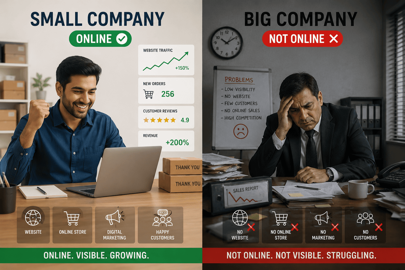 Small online business owner celebrating growth while a larger traditional company struggles without an online presence.