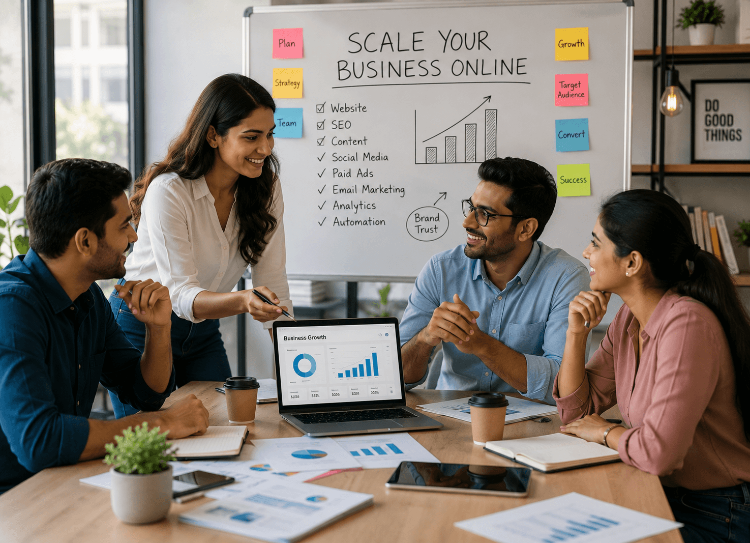 Small business team discussing online growth strategies in a modern office, reviewing website analytics, SEO performance, digital marketing plans, and business scaling opportunities around a laptop and presentation board.