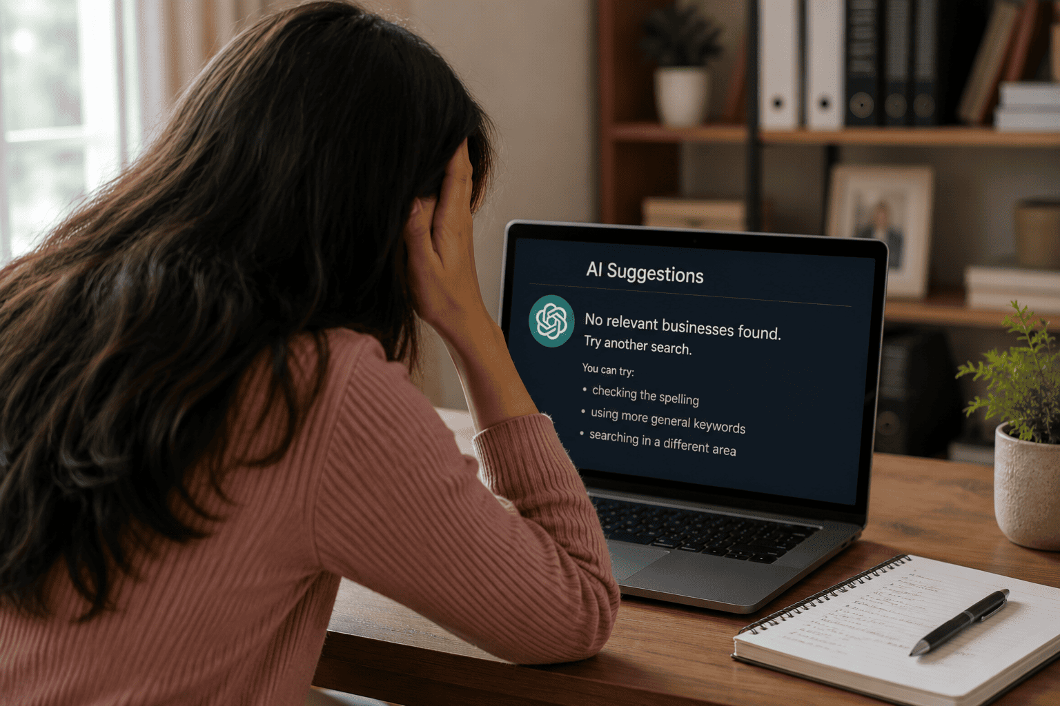 Business owner looking frustrated while checking AI search results on a laptop screen after discovering her company is not appearing in ChatGPT and AI-generated recommendations.