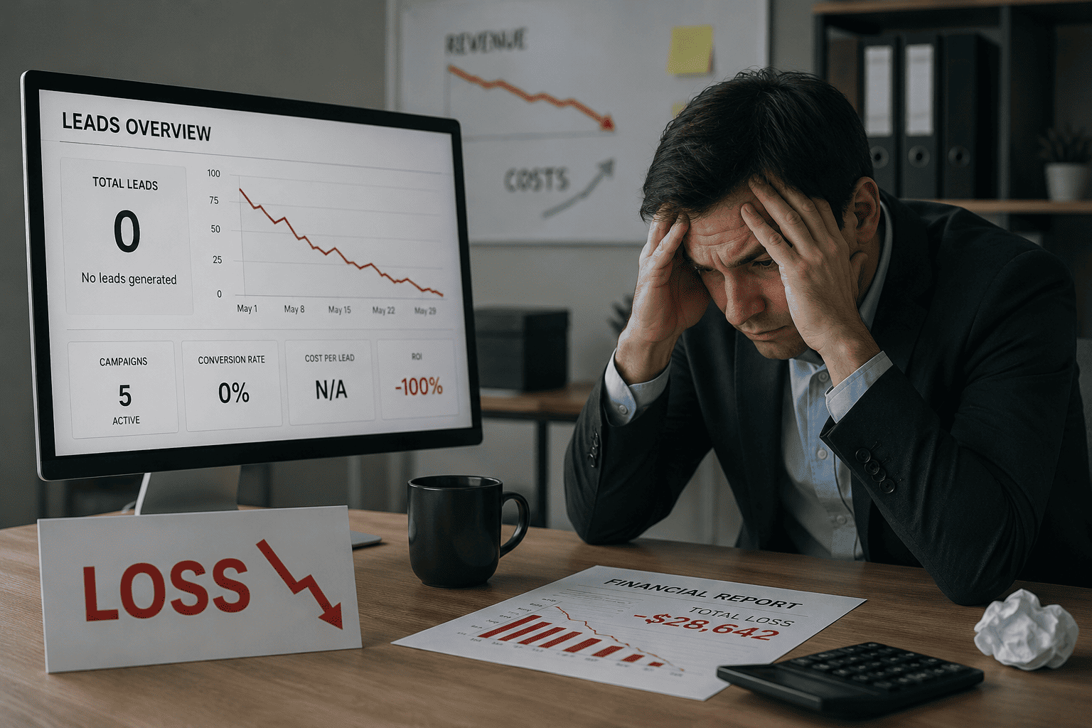 Business owner looking stressed while analysing website traffic reports showing zero leads, declining conversions, and financial losses despite ongoing marketing efforts.