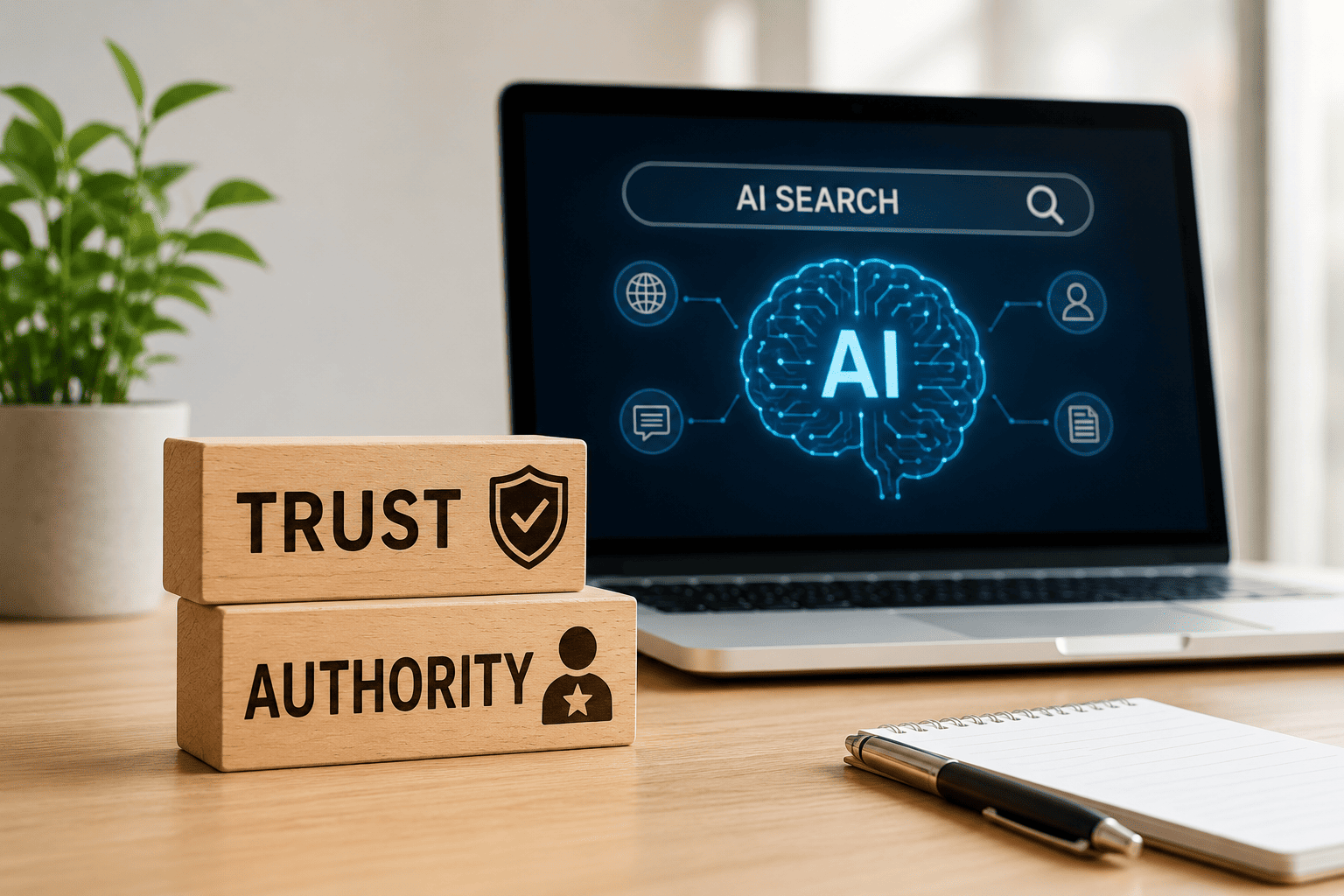 Trust and authority blocks placed on a desk beside a laptop displaying AI search, representing how credibility and expertise influence AI search rankings and online visibility.